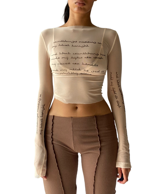printed mesh top in nude